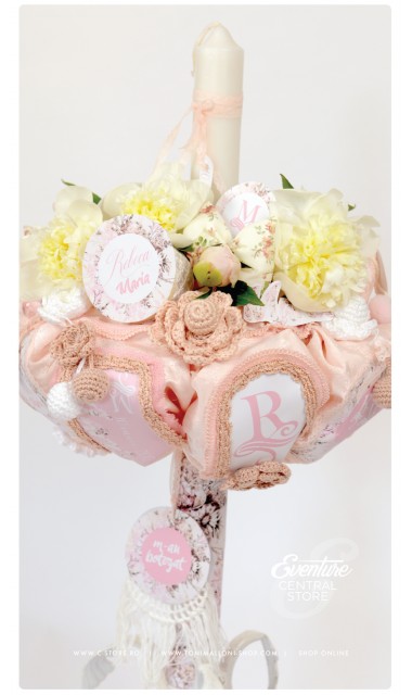 Lumanare de botez pentru fetite deosebita cu monograma si bujori, 65x4 cm, Shabby Chic  6